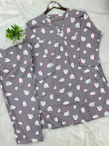 1454 Korean Printed Night Wear - Lavender Grey