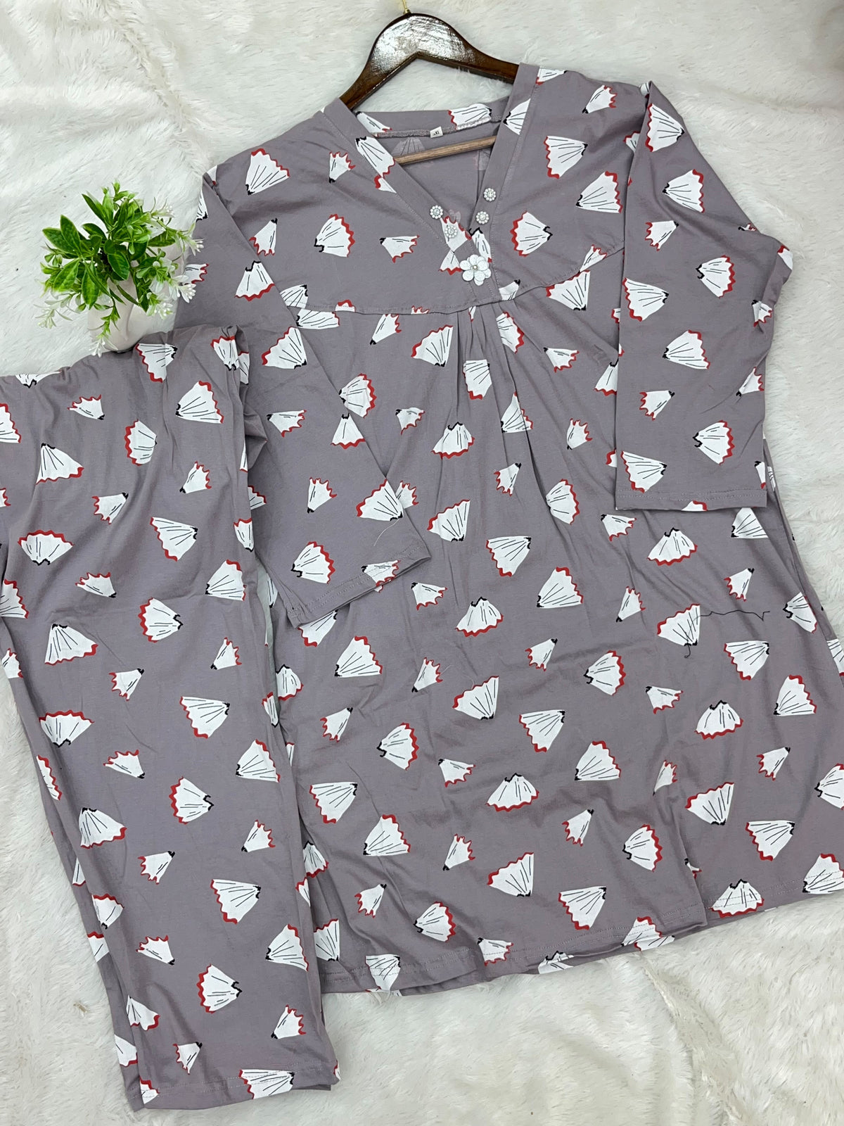 1454 Korean Printed Night Wear - Lavender Grey