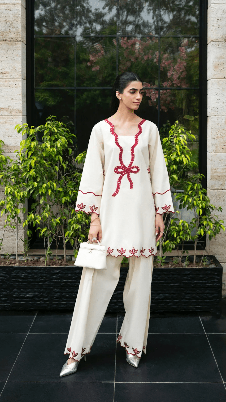 215 Ivory Rayon Kurta Palazzo Set with Contrast Embroidery