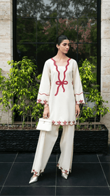 215 Ivory Rayon Kurta Palazzo Set with Contrast Embroidery