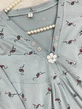 1454 Korean Printed Night Wear - Ice Blue