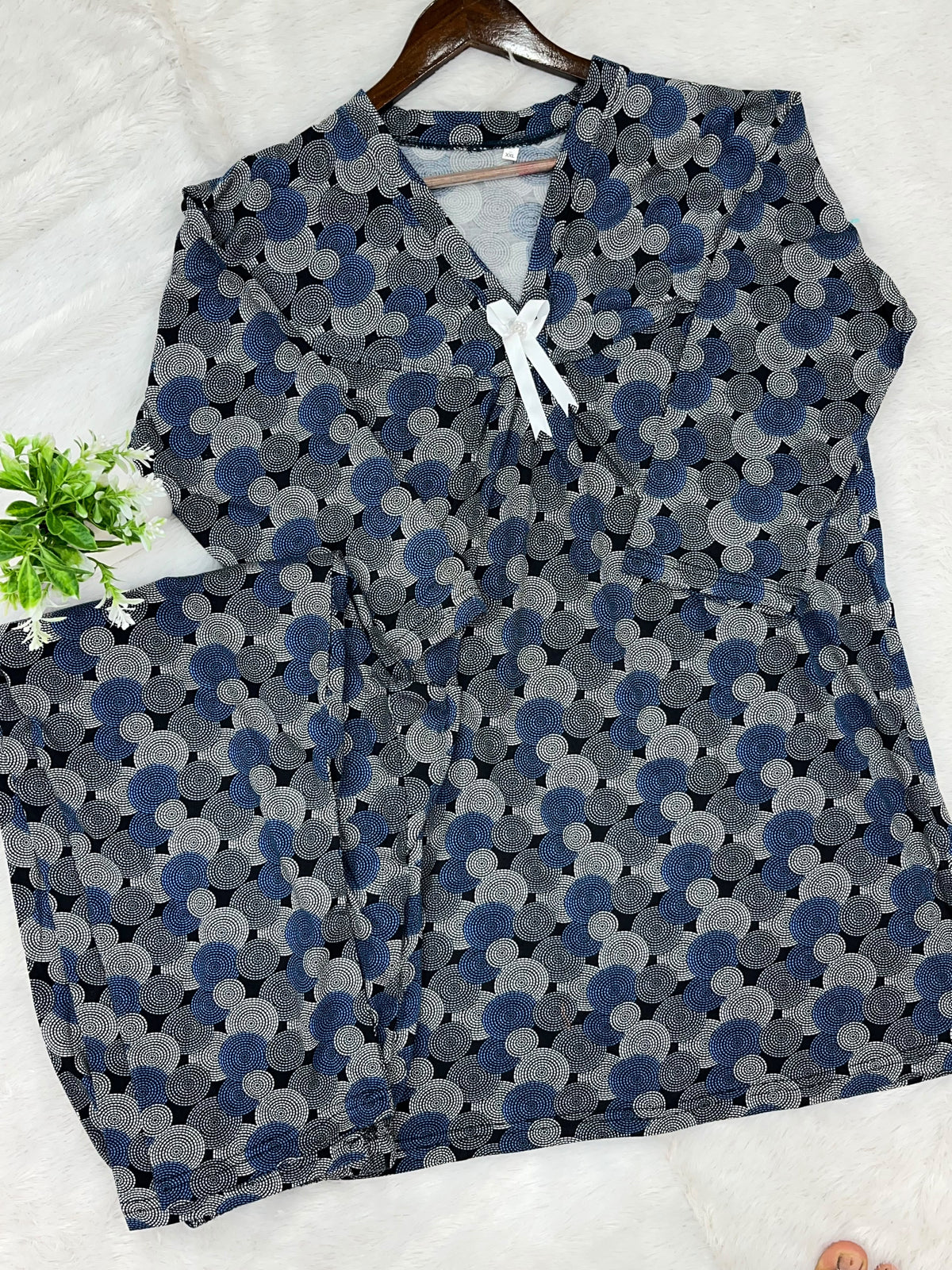 1454 Korean Printed Night Wear - Navy Blue