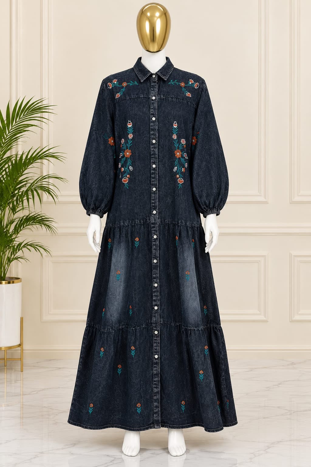 1210 Embroidered Denim Gown - Black