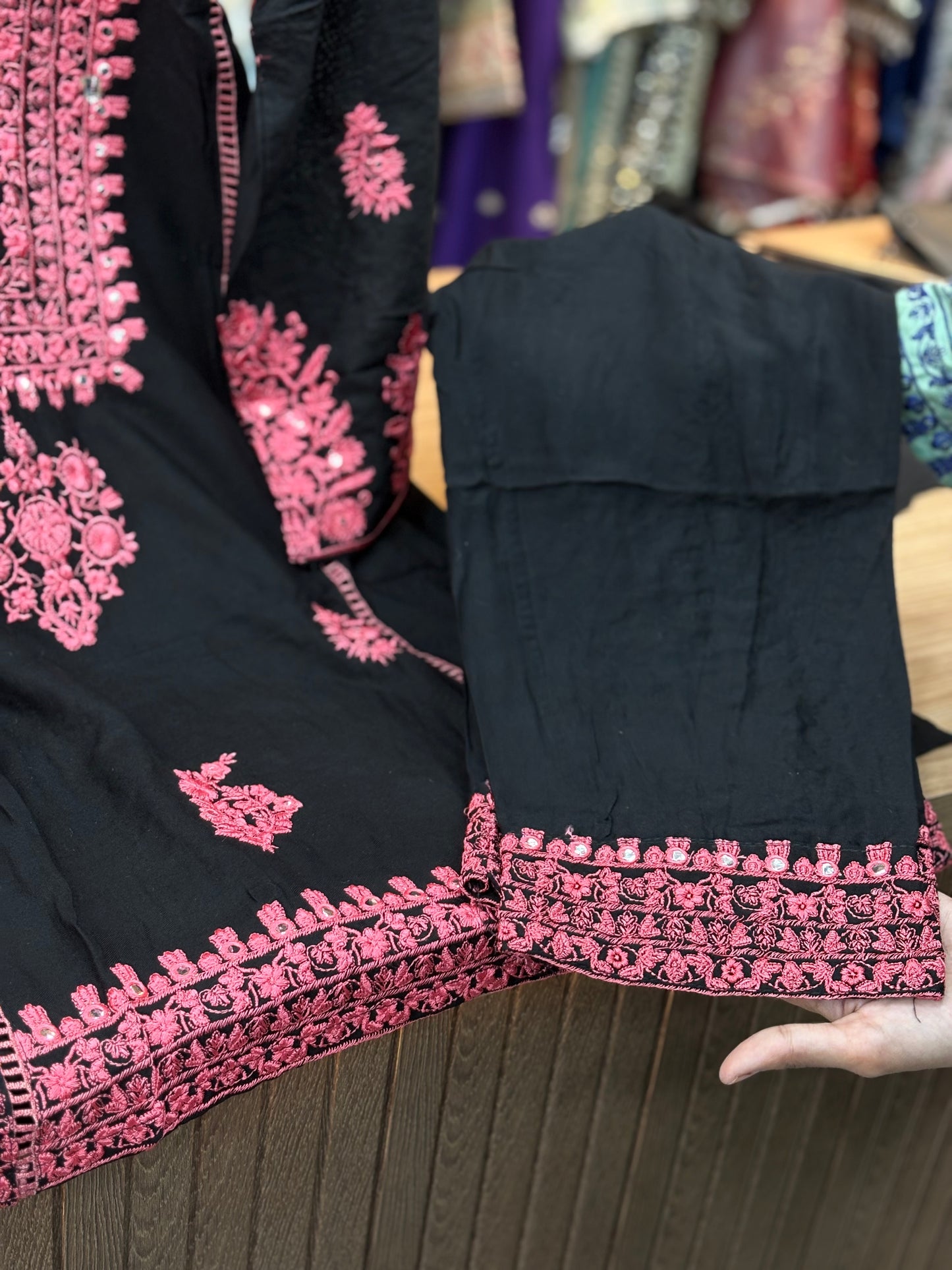 067 Embroidered Rayon Suit - black