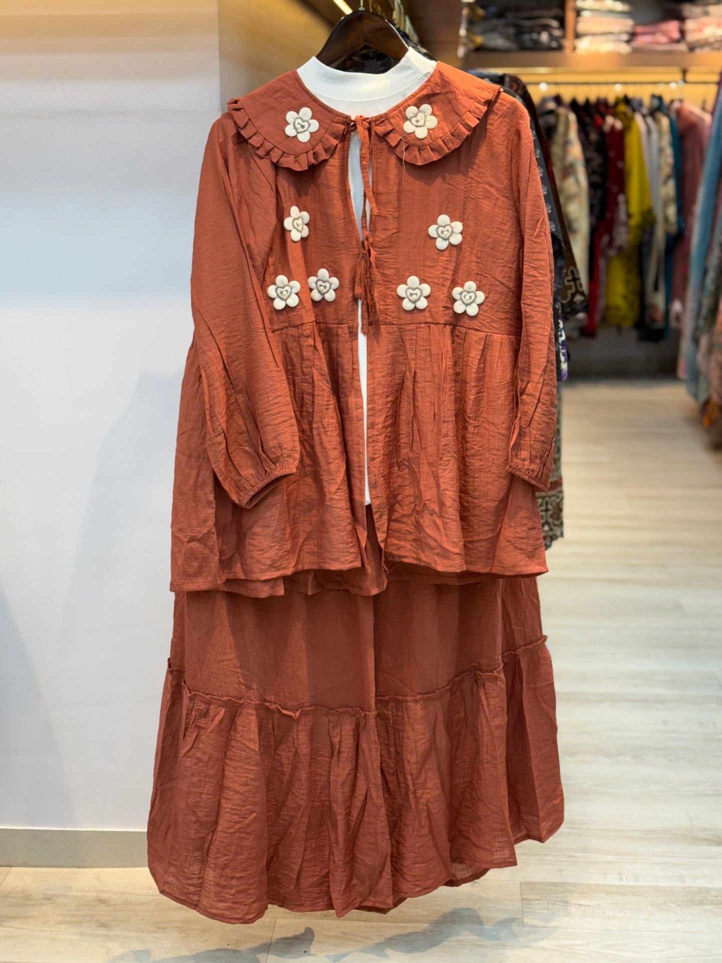 068 korean 3pc skirt cord set rusty orange