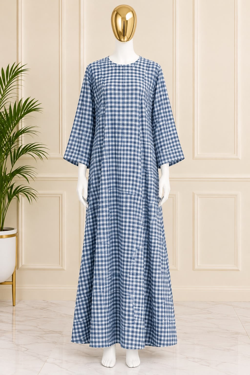 1209 Korean Gingham Gown - Denim Blue