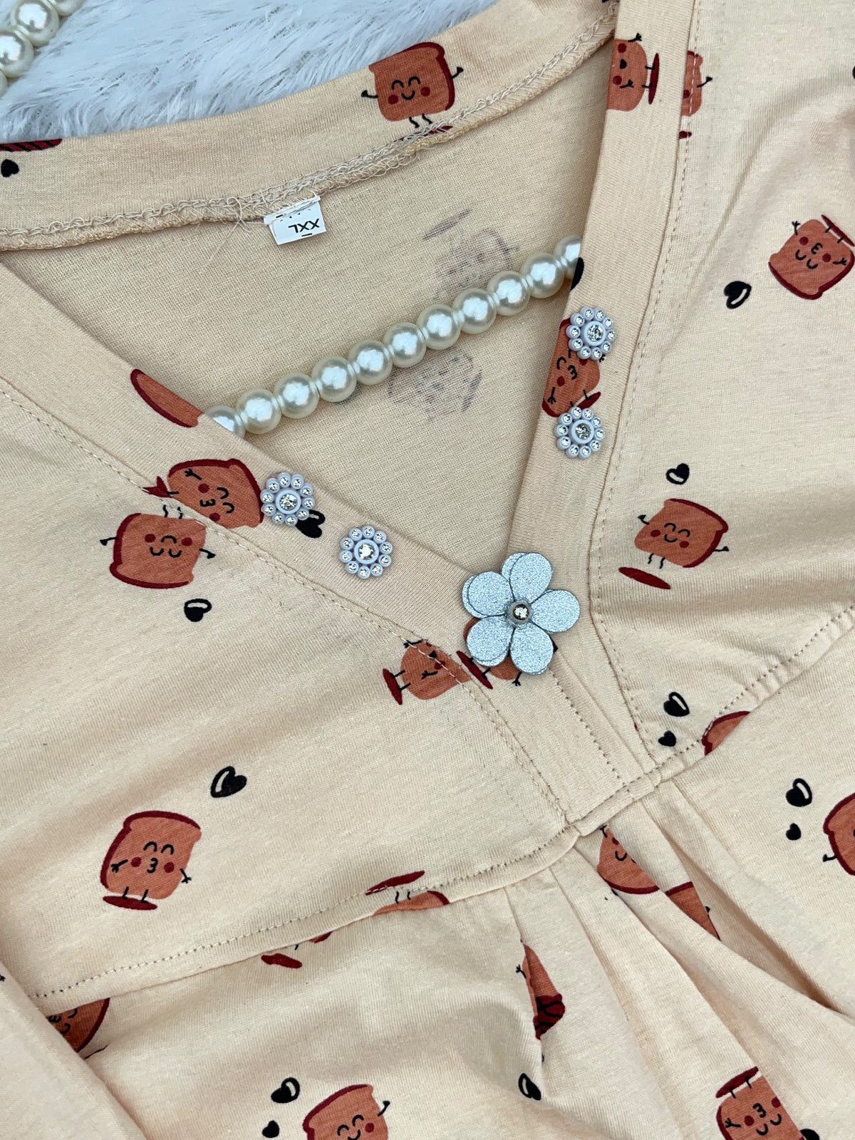 1454 Korean Printed Night Wear - Cream