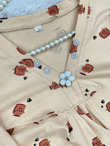 1454 Korean Printed Night Wear - Cream
