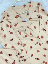 1454 Korean Printed Night Wear - Cream