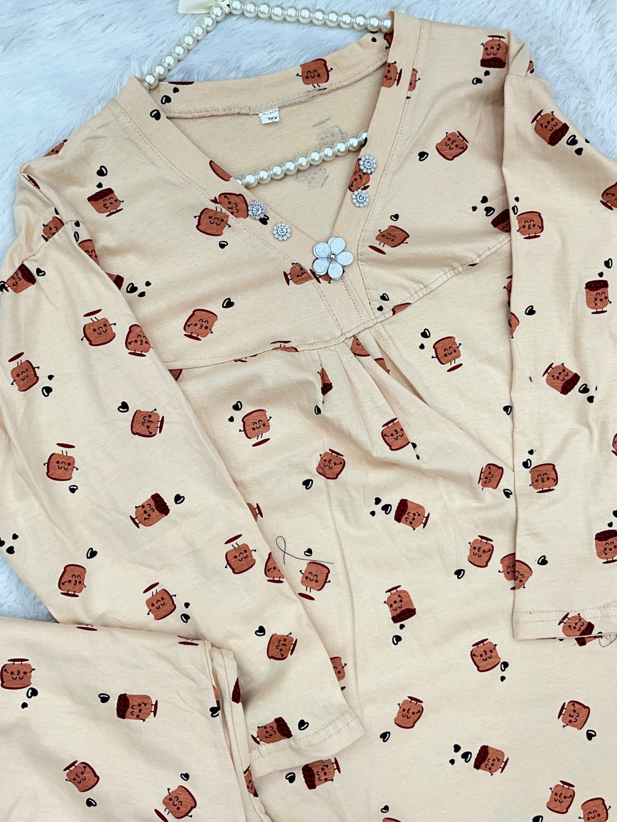 1454 Korean Printed Night Wear - Cream