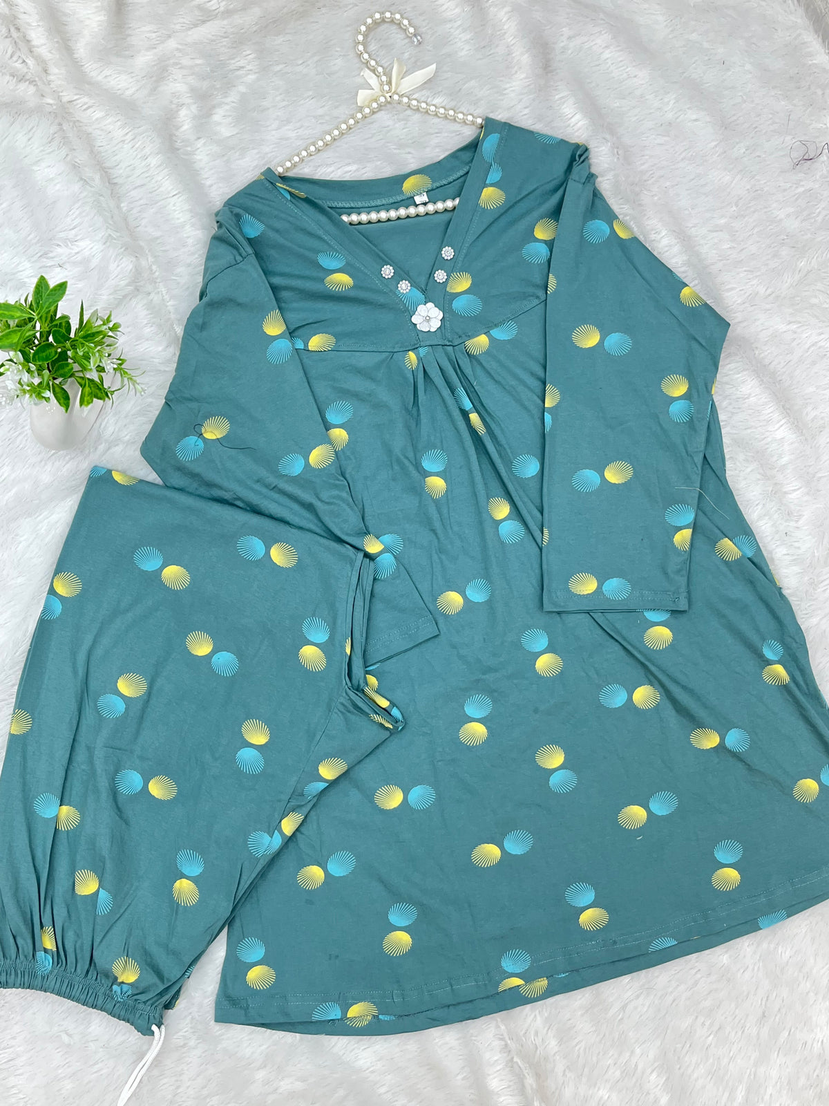 1454 Korean Printed Night Wear - Green