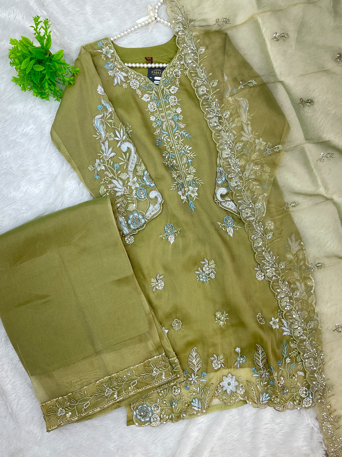 1477 Pakistani Party Wear - Olive Green