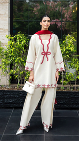 215 Ivory Rayon Kurta Palazzo Set with Contrast Embroidery