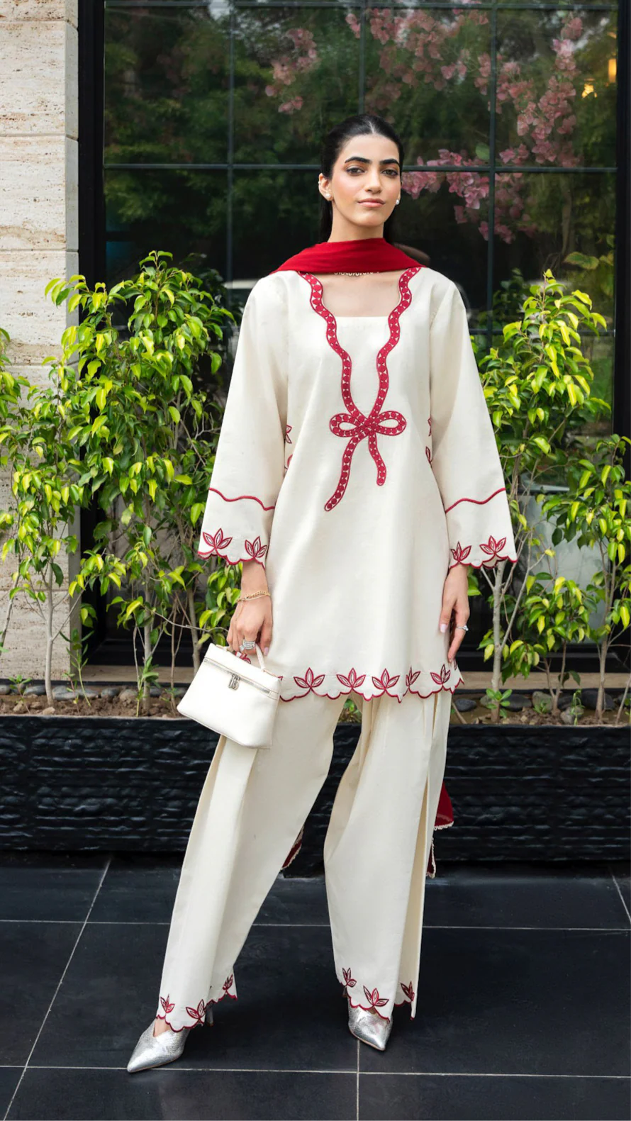 215 Ivory Rayon Kurta Palazzo Set with Contrast Embroidery