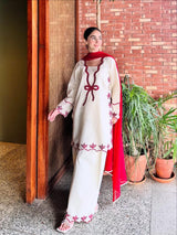 215 Ivory Rayon Kurta Palazzo Set with Contrast Embroidery