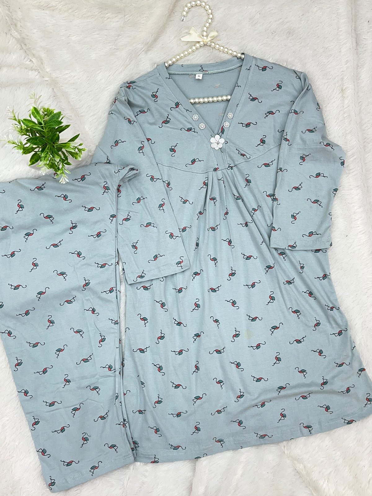 1454 Korean Printed Night Wear - Ice Blue