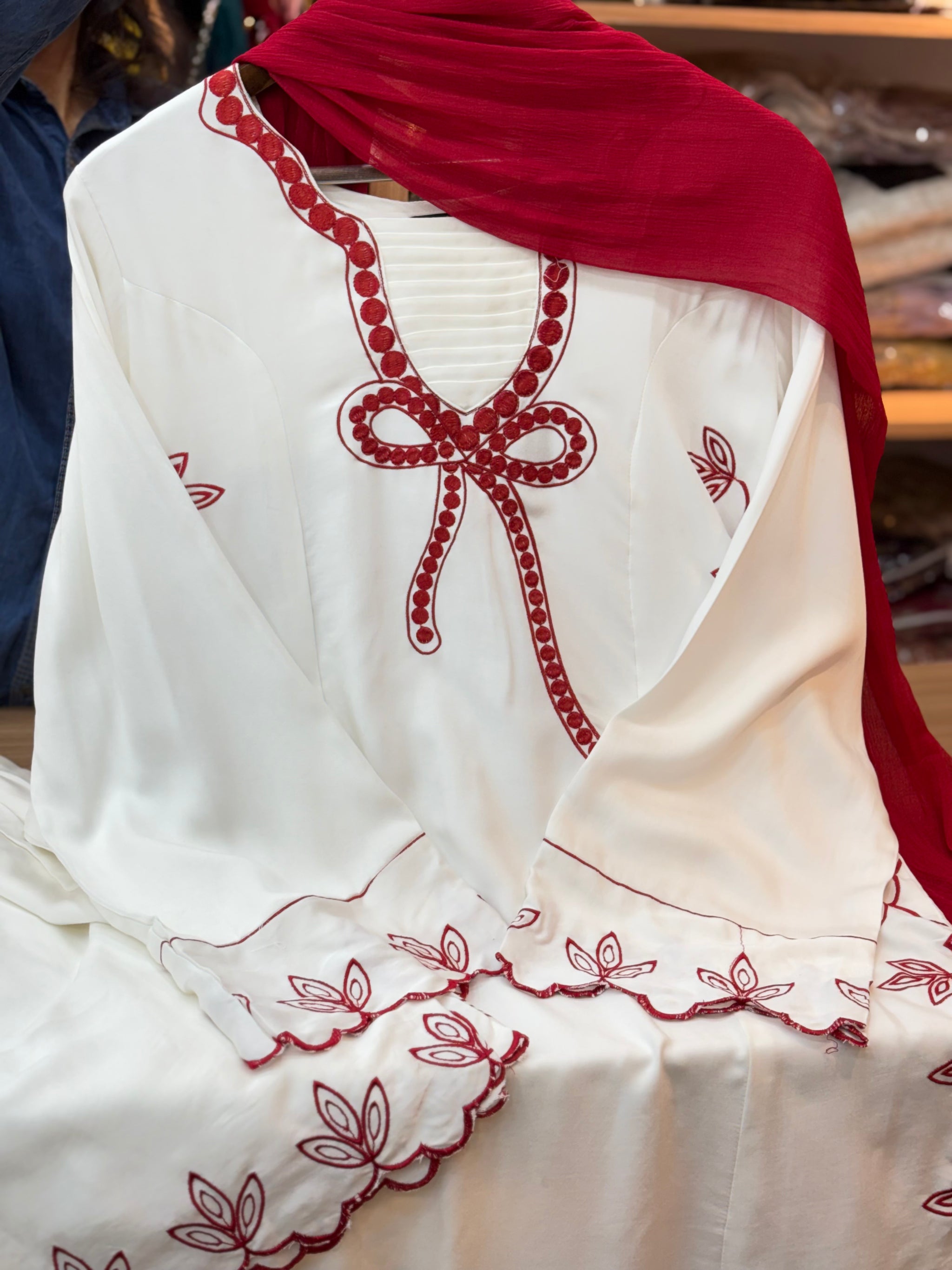 215 Ivory Rayon Kurta Palazzo Set with Contrast Embroidery