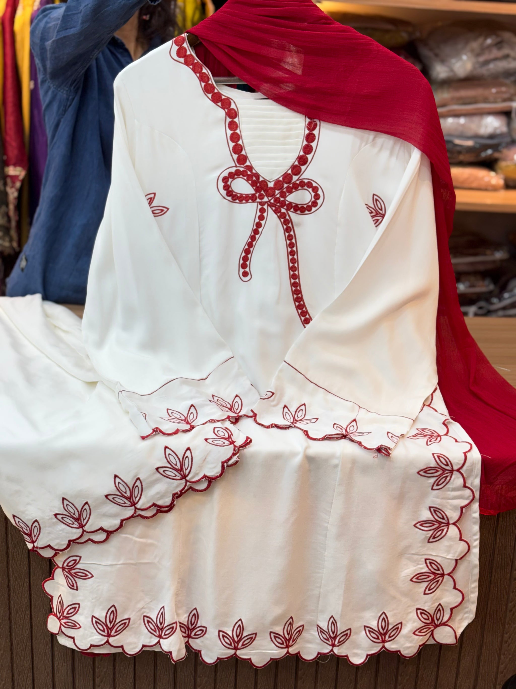 215 Ivory Rayon Kurta Palazzo Set with Contrast Embroidery