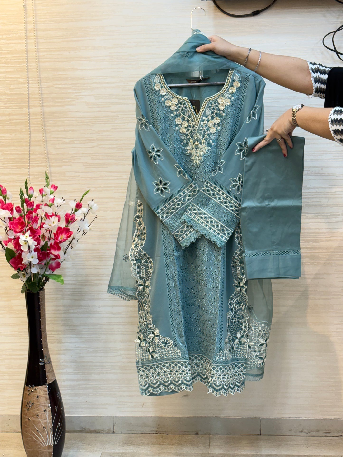 208 Cutwork Partywear suit - Turkish blue