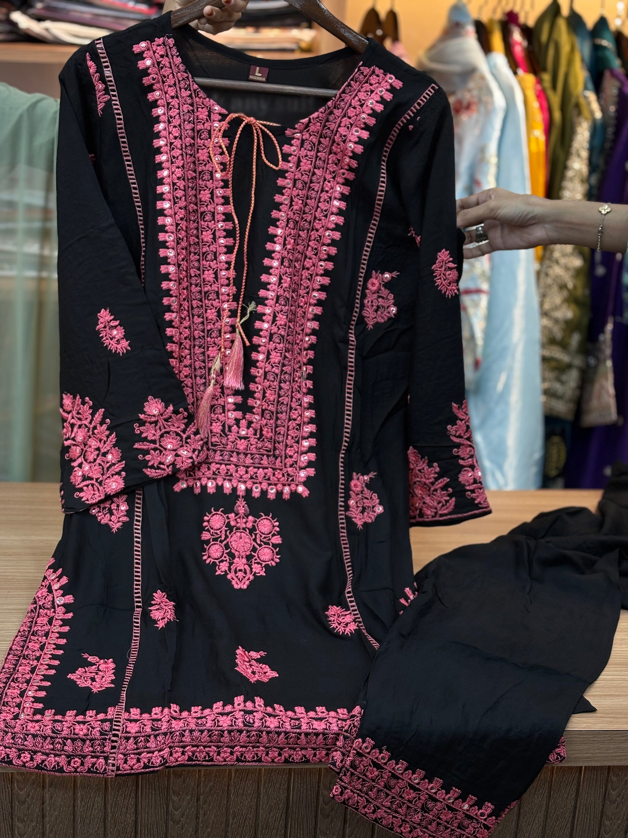 067 Embroidered Rayon Suit - black