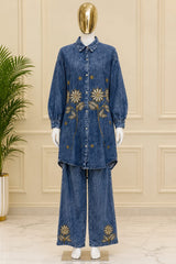 1494 Denim Embroidered Coordset - Mid Blue