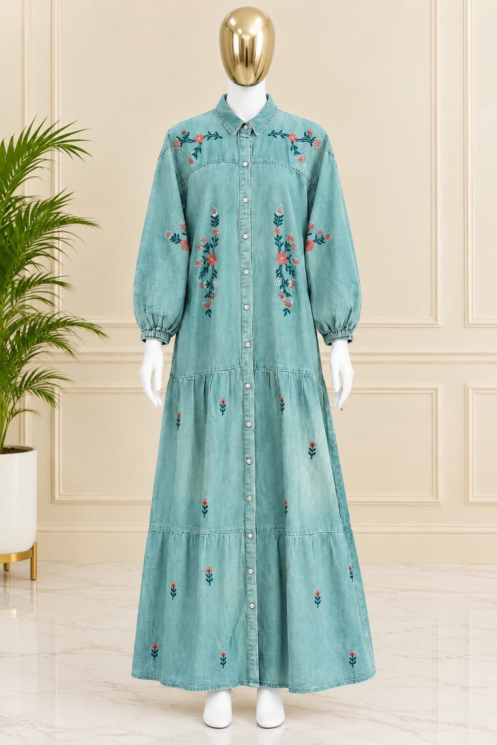 1210 Embroidered Denim Gown - Ice Blue