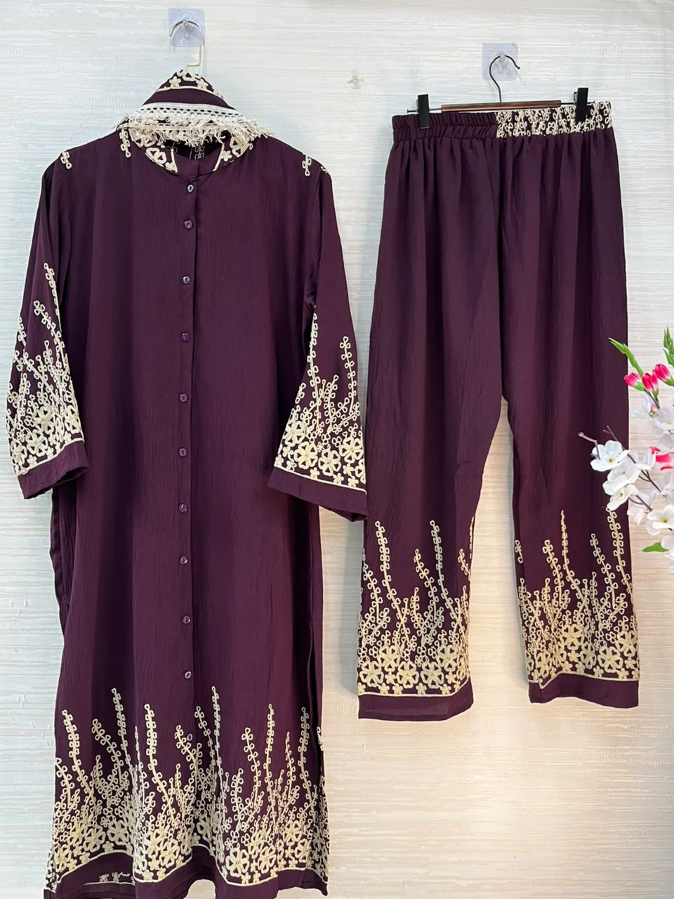 1098 Korean Embroidered Coord Set - Burgundy