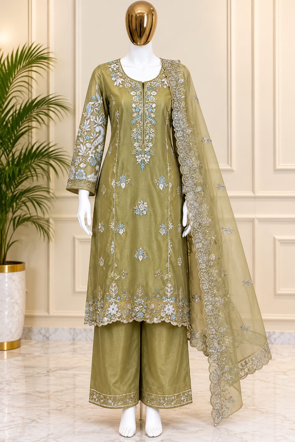 1477 Pakistani Party Wear - Olive Green