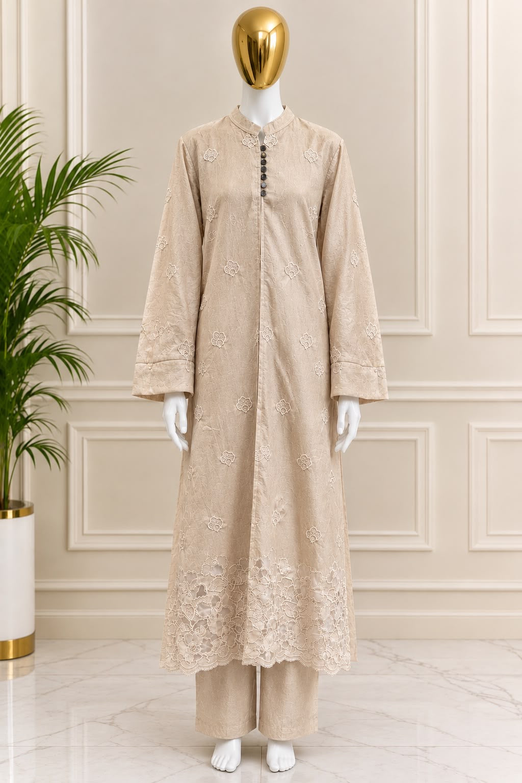 1465 Korean Floral Coordset - Beige