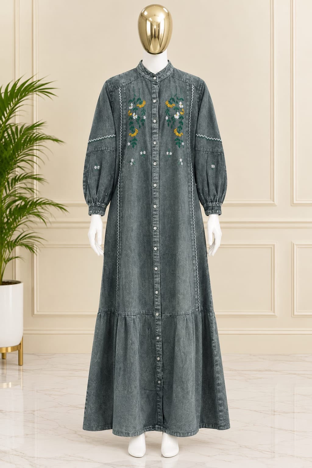 1210 Embroidered Denim Gown - Ash Grey
