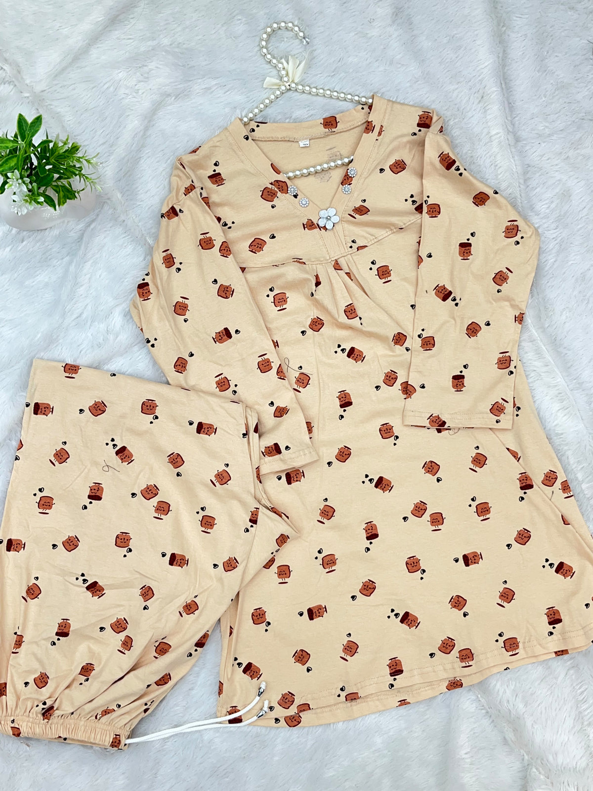 1454 Korean Printed Night Wear - Cream