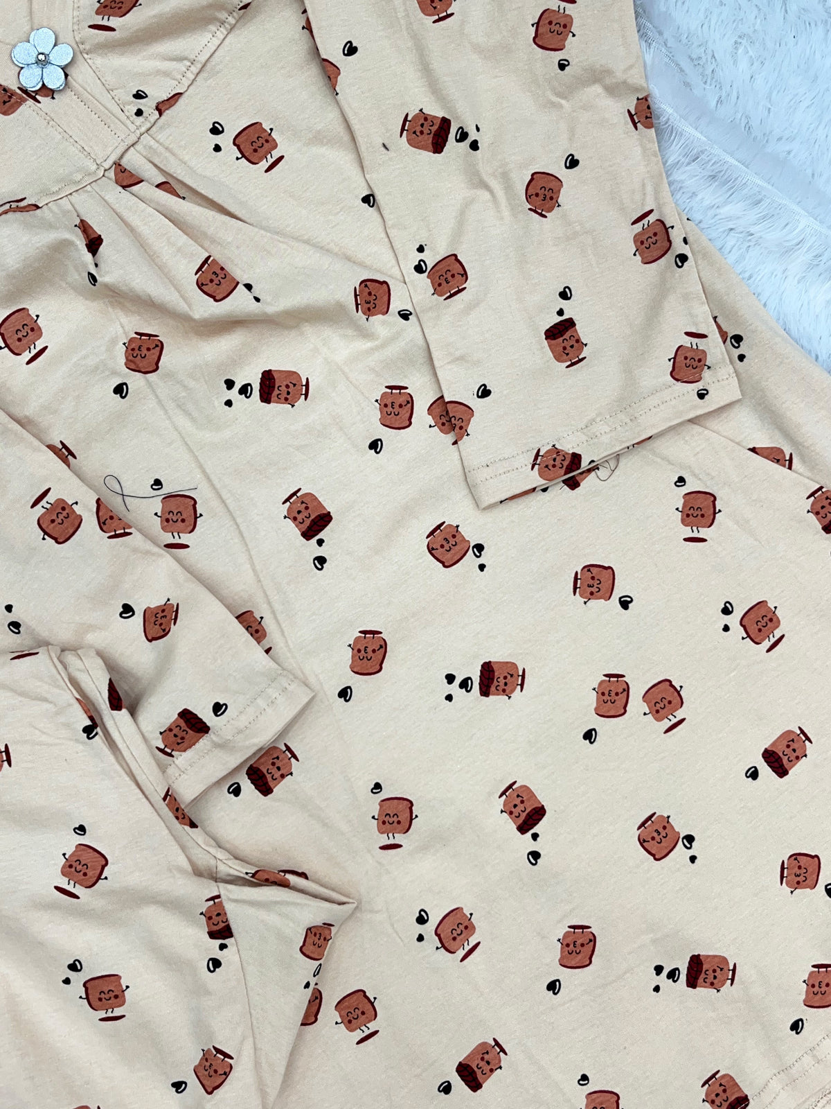 1454 Korean Printed Night Wear - Cream