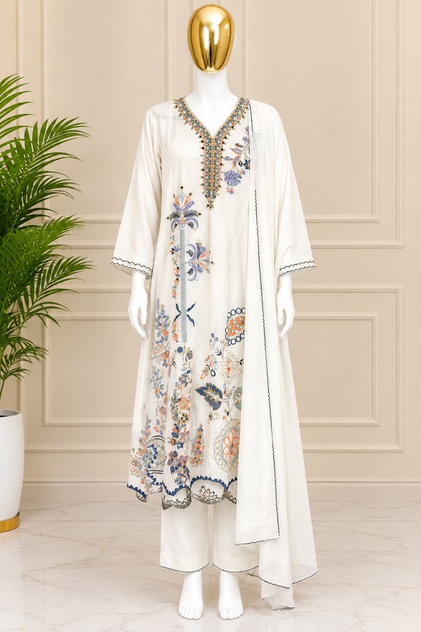 1526 Pakistani Heavy Lawn - White Floral