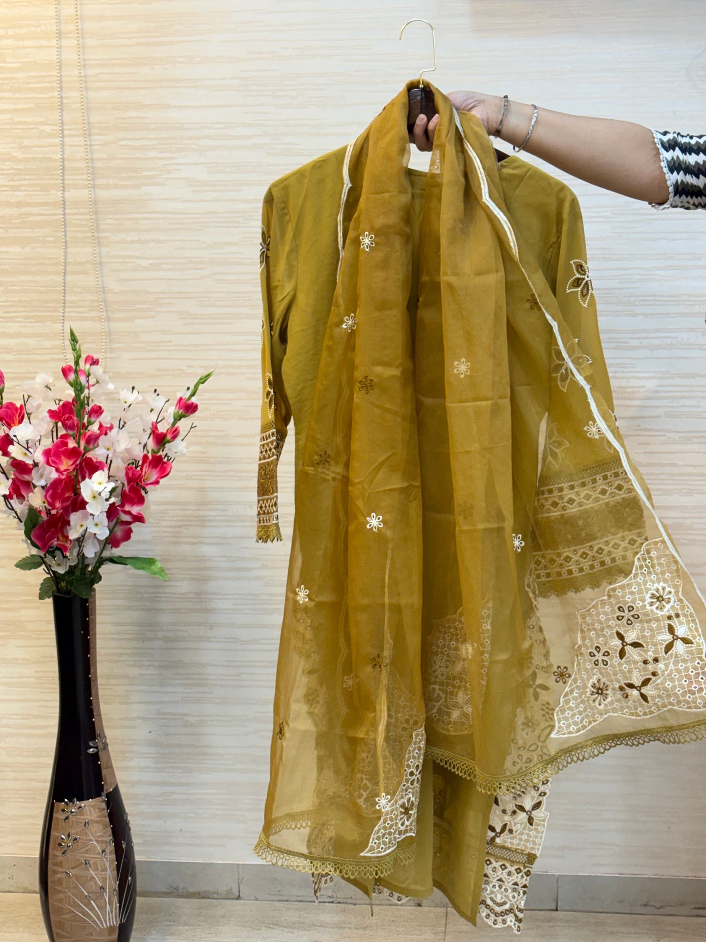 208 Cutwork Partywear suit - mustard yellow