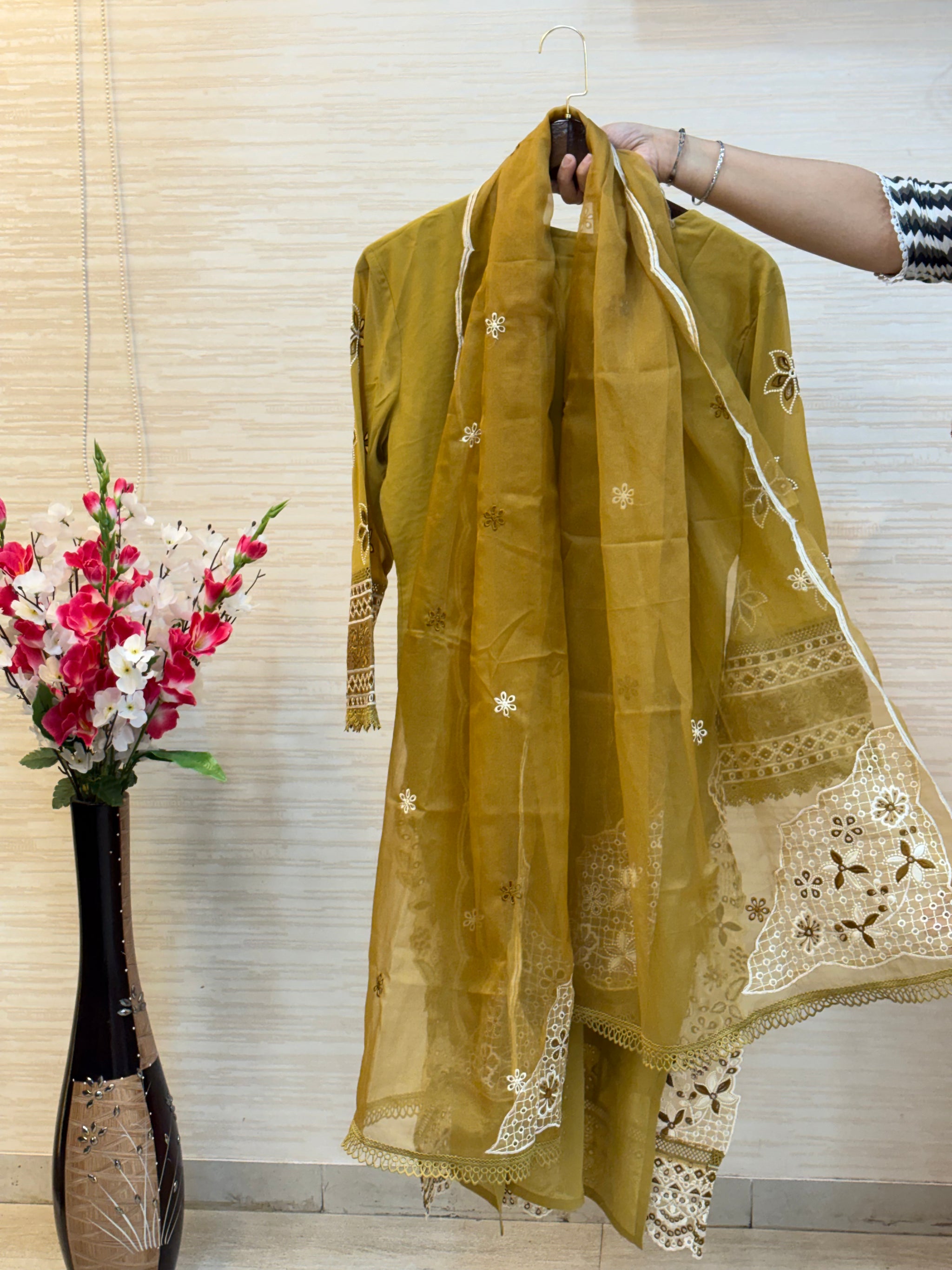 208 Cutwork Partywear suit - mustard yellow