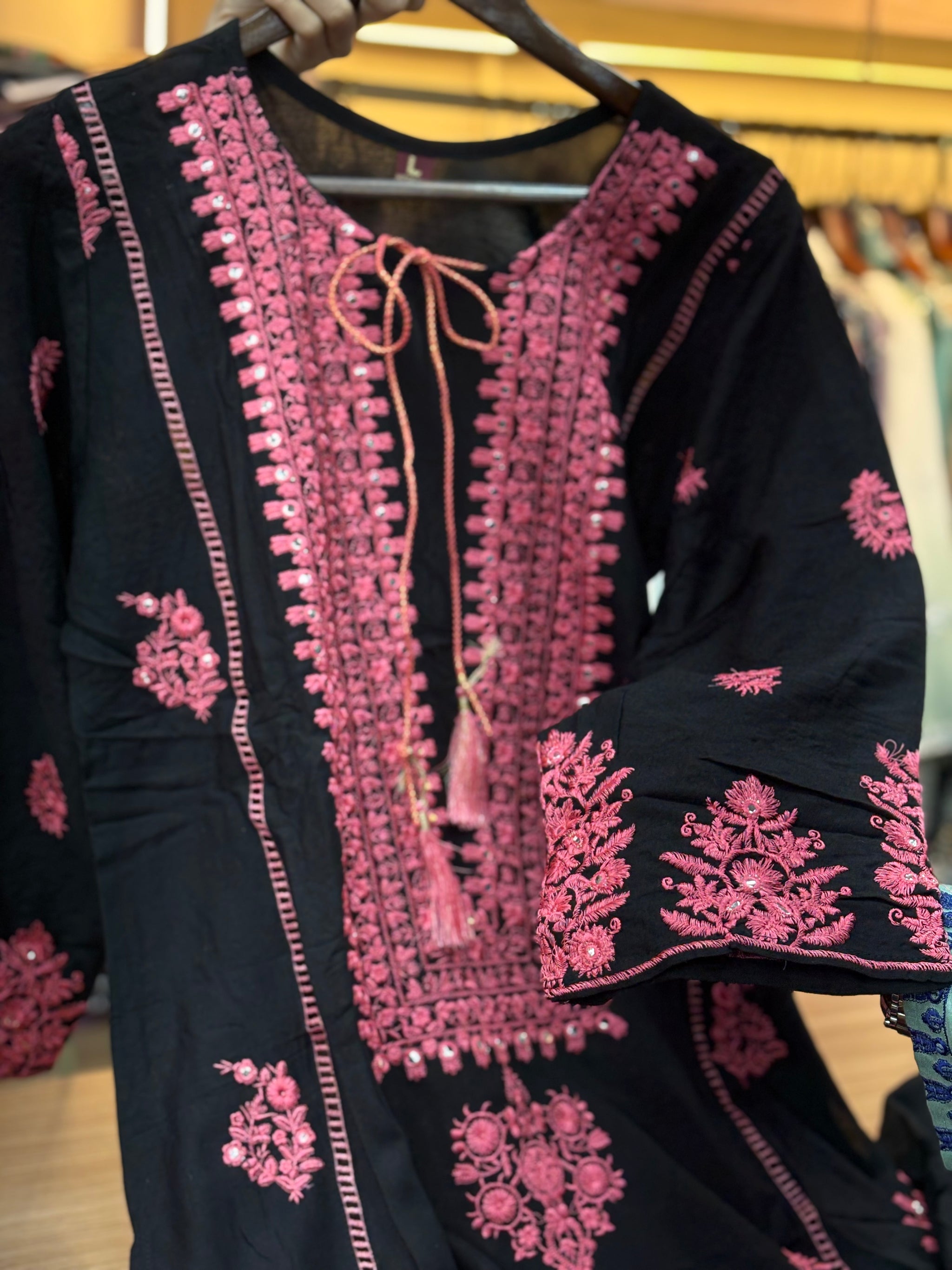 067 Embroidered Rayon Suit - black