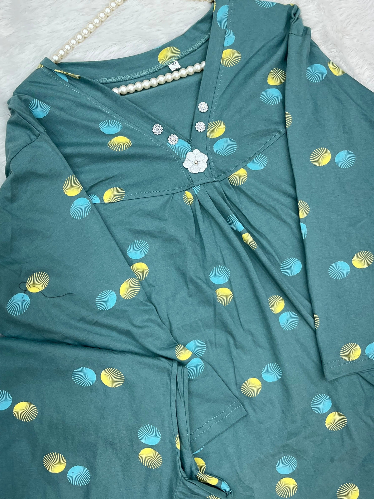 1454 Korean Printed Night Wear - Green