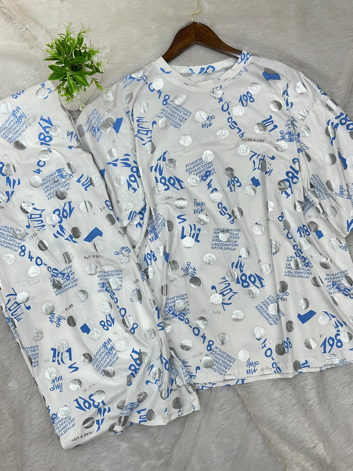 1454 Korean Printed Night Wear - Cream