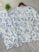 1454 Korean Printed Night Wear - Cream