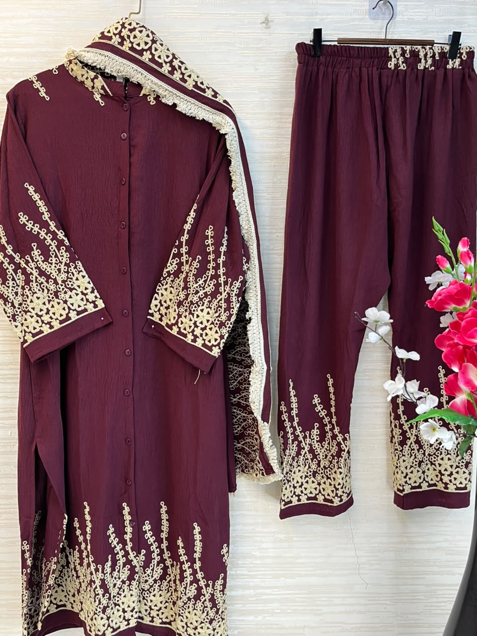 1098 Korean Embroidered Coord Set - Maroon