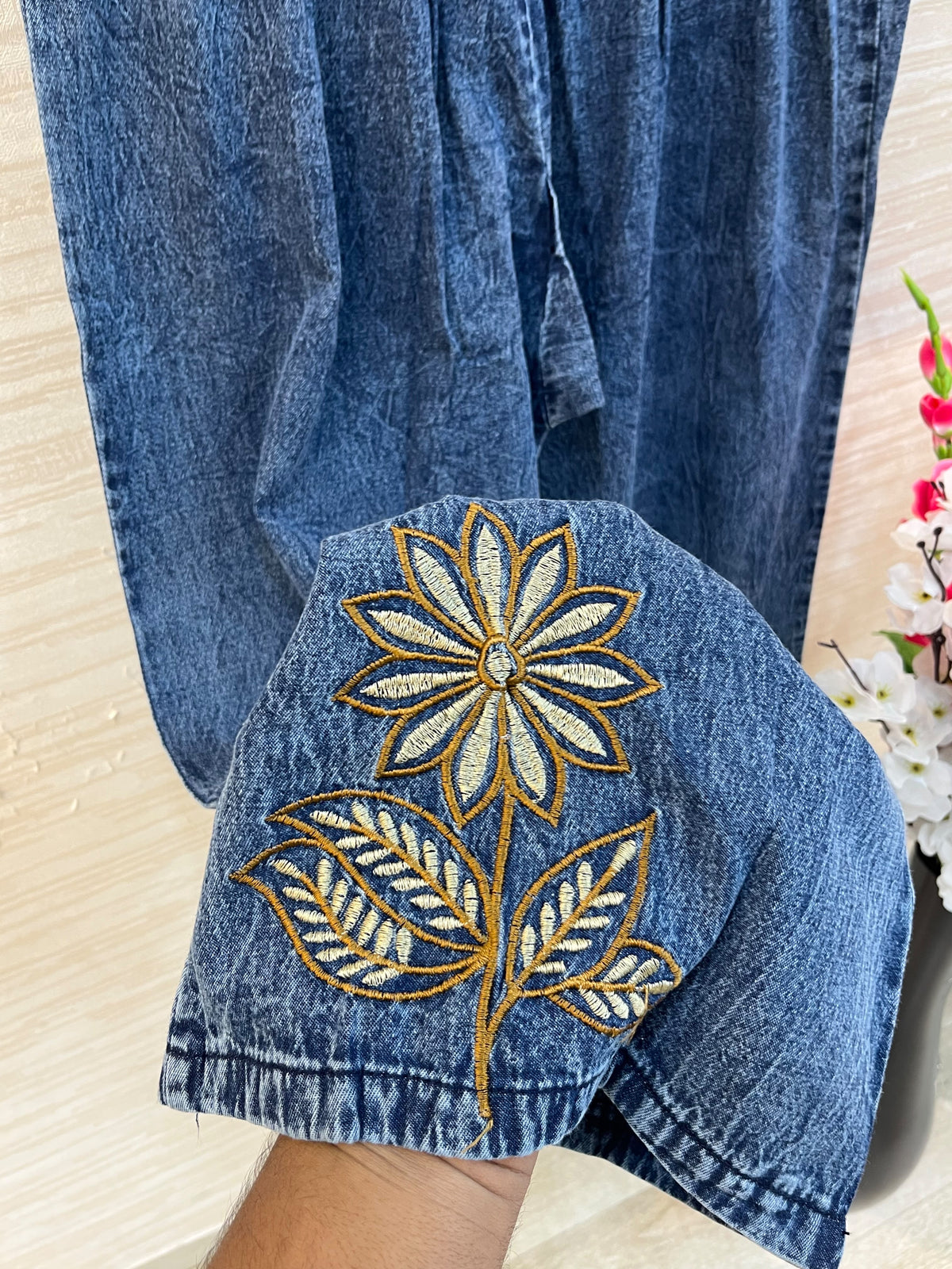 1494 Denim Embroidered Coordset - Mid Blue