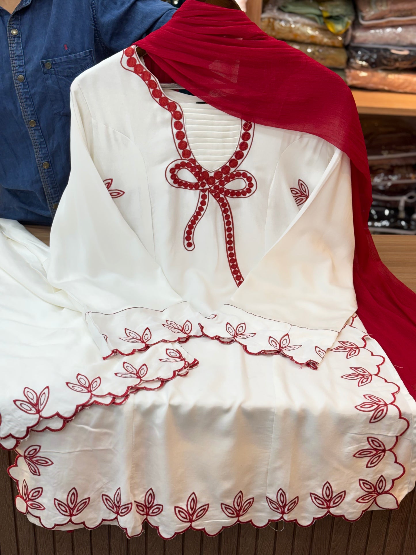 215 Ivory Rayon Kurta Palazzo Set with Contrast Embroidery