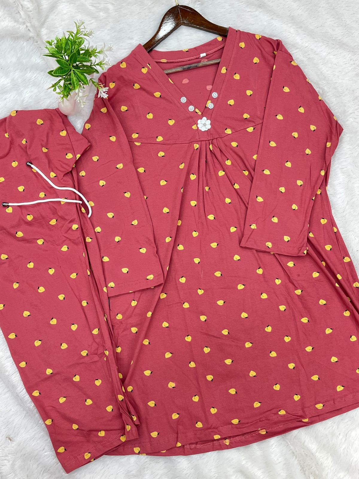 1454 Korean Printed Night Wear - Rose Pink