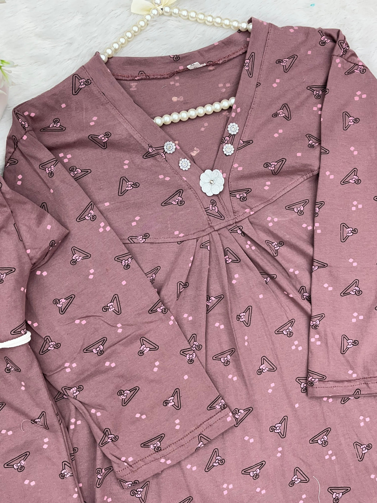 1454 Korean Printed Night Wear - Dusty Mauve