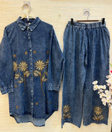 1494 Denim Embroidered Coordset - Mid Blue