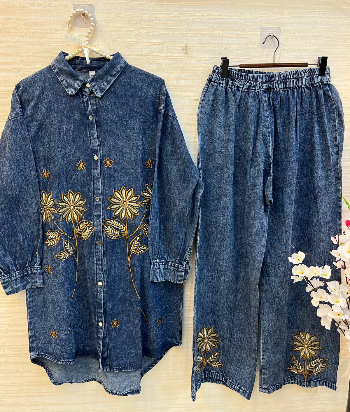 1494 Denim Embroidered Coordset - Mid Blue