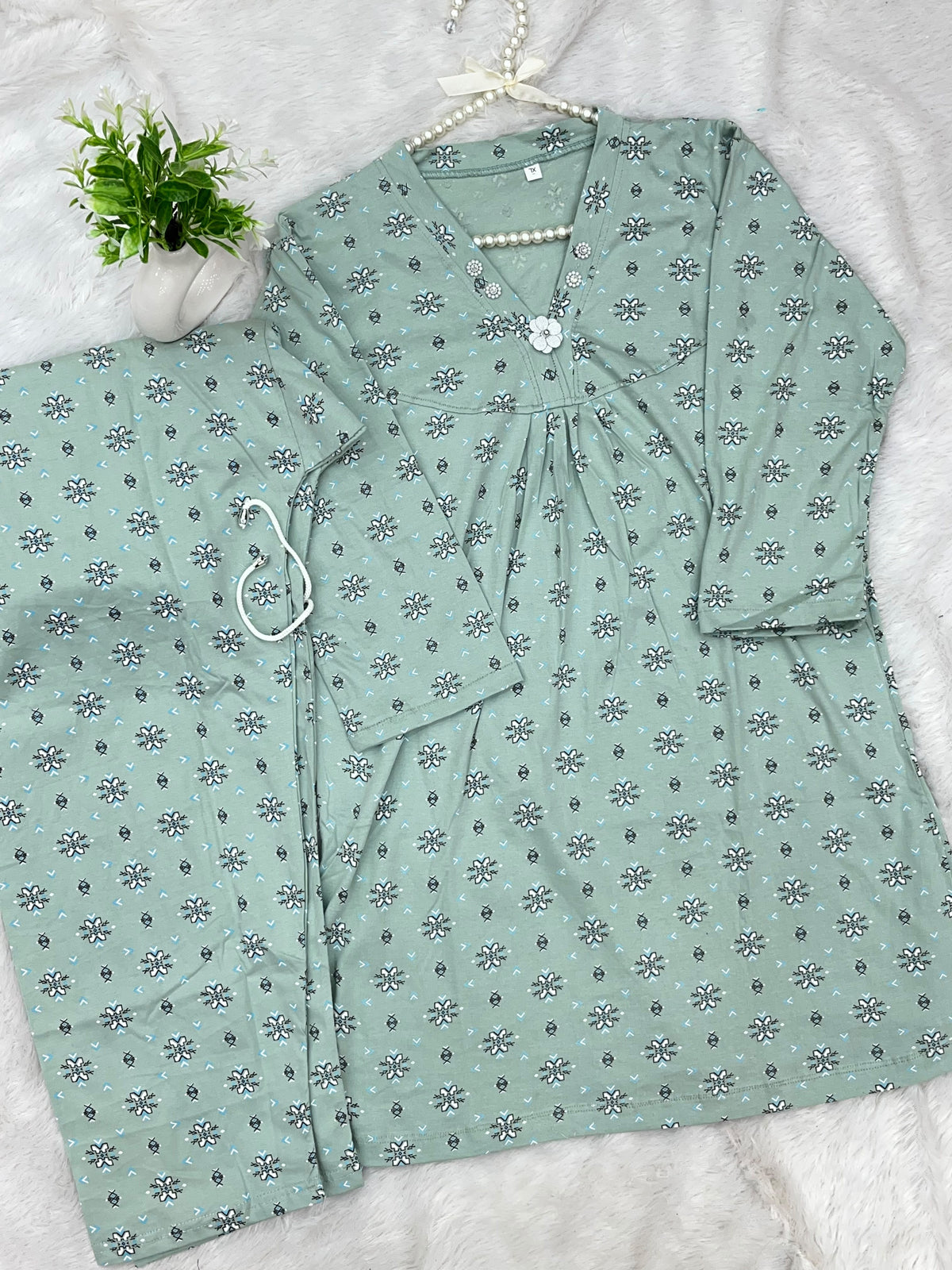 1454 Korean Printed Night Wear - Sage