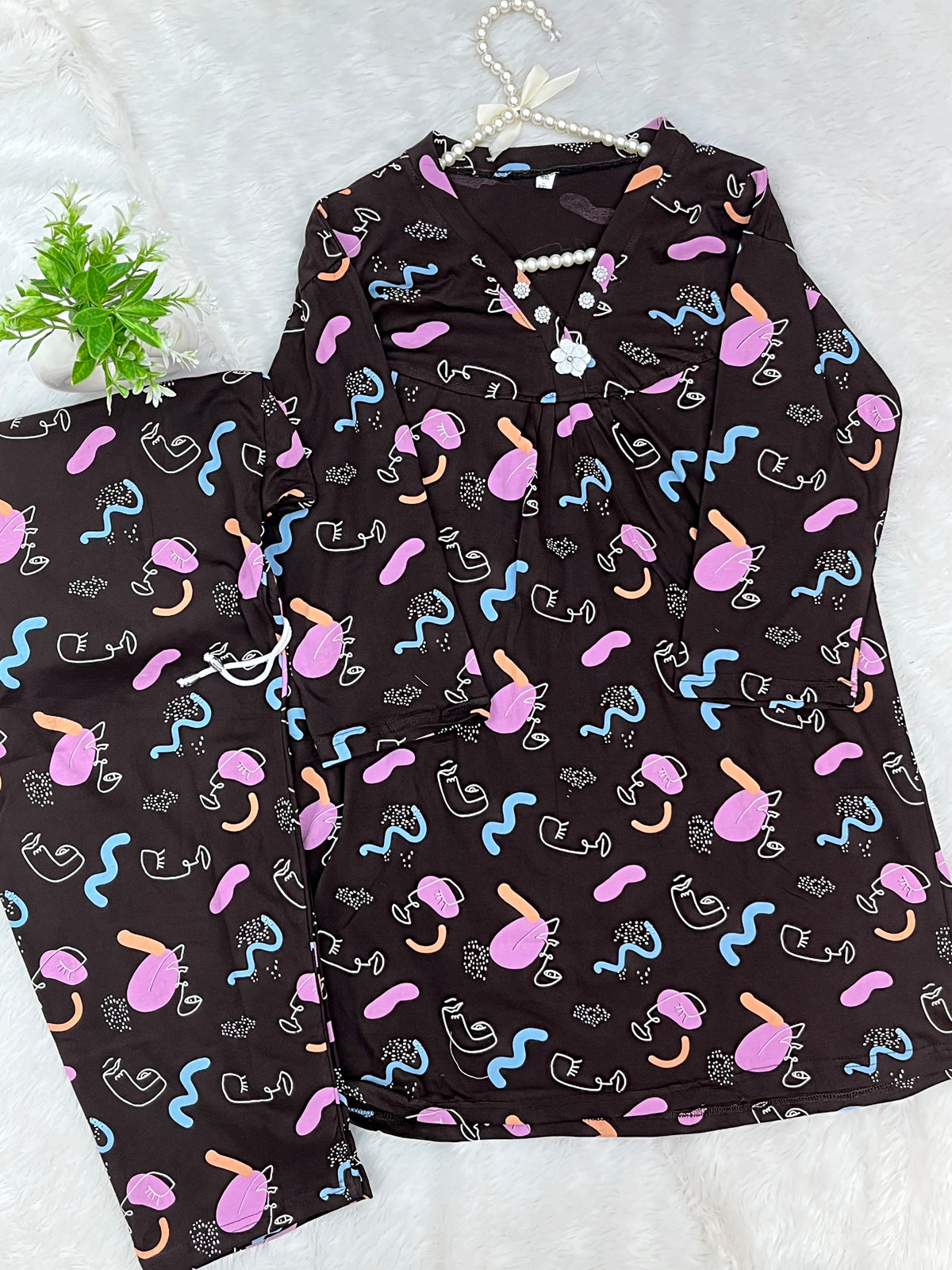 1454 Korean Printed Night Wear - Abstract Black