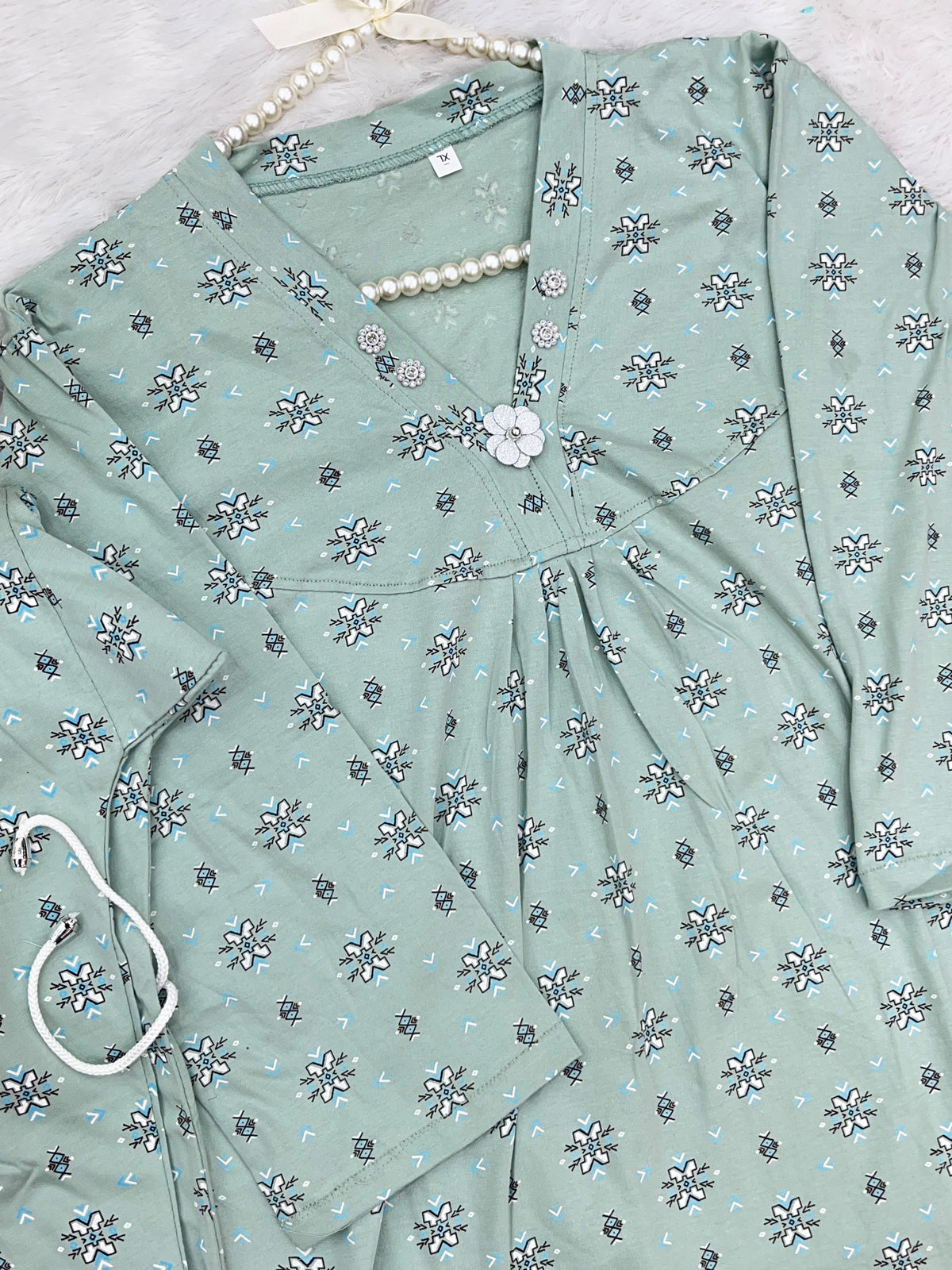 1454 Korean Printed Night Wear - Sage