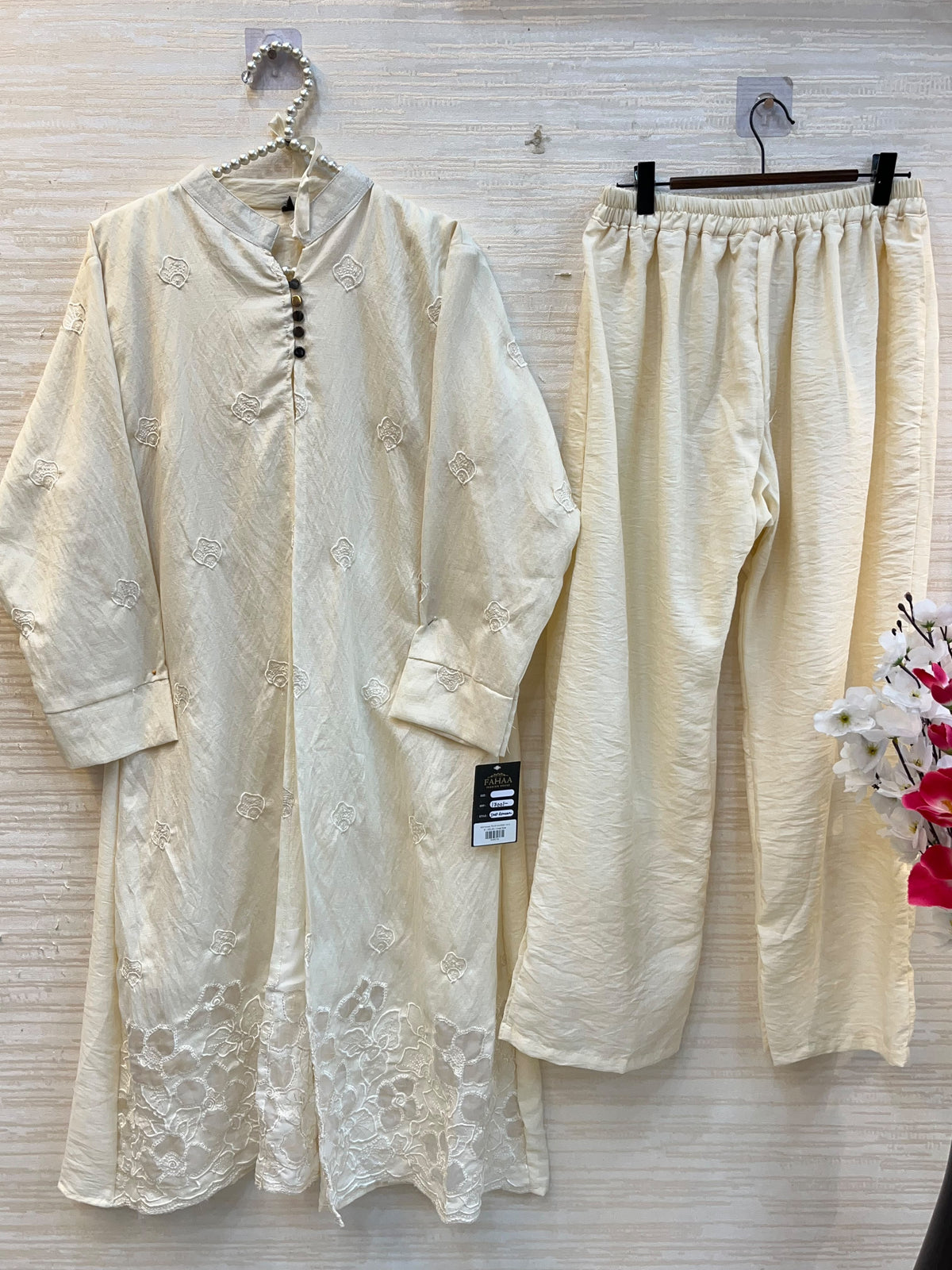 1465 Korean Floral Coordset - Milky White